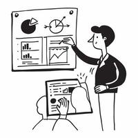Financial analyst presenting data in a hybrid meeting concept as A financial analyst presenting data in a hybrid meeting with charts displayed in the office and shared online showc Cleans vector