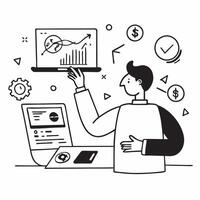 Financial analyst using AI tools for stock valuation concept as A financial analyst in a modern office using AI tools on a laptop for stock valuation highlighting technology and in Cleans vector