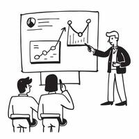 Financial analyst presenting stock valuations in a hybrid meeting concept as A financial analyst presenting stock valuations in a hybrid meeting with reports displayed in the offic Cleans vector