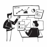 Financial advisor presenting stock valuation strategies to clients concept as A financial advisor in a modern office presenting stock valuation strategies to clients using a laptop Cleans vector
