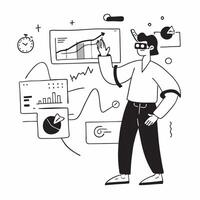 Financial Analyst with VR Headset and Data Visualization in High Tech Office concept as Wide shot of a financial analyst wearing a VR headset while interacting with data visualizat Cleans vector