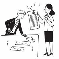 Female executive looking at a broken partnership contract appearing disappointed concept as A female executive in a formal suit looking at a broken partnership contract on her desk Cleans vector