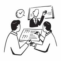Executives in a board meeting discussing financial reports concept as A illustration of executives in a board meeting discussing financial reports utilizing a 3 color palett Cleans Set 2 vector