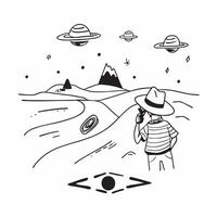 Explorer with Binoculars and Hat in Fantasy Desert concept as Long shot of an explorer with binoculars and a hat standing in a fantasy desert The background features surreal sand Cleans vector