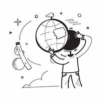 Executive with Strategic Plan and Globe concept as An executive reviewing a strategic plan and holding a globe set against a dreamy background offering ample space for text or grap Cleans vector