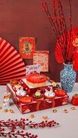 Beautiful Close Up Photography of Chinese New Year Food with Chinese Ornaments and Background. photo