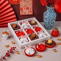 Chinese New Years Food with Rabbit Character and Chinese Ornaments Background photo