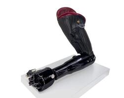 A sleek and advanced hand prosthetic crafted from carbon fiber, featuring a polished black finish and ergonomic design. The prosthetic highlights cutting-edge technology and innovation in assistive photo