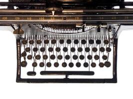 A detailed view of a Soviet-era Leningrad typewriter with Cyrillic keys and elegant retro design. A historical artifact showcasing craftsmanship and utility from mid-20th-century Russia photo