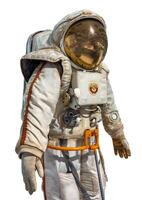A detailed vintage Soviet-era space suit equipped with life support systems and a reflective visor. The suit features intricate details, including control mechanisms, a chest-mounted unit, and the photo