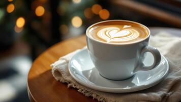 Cup of cappuccino with latte art in the form of hearts on the foam. photo