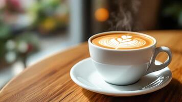 Cup of cappuccino with latte art in the form of hearts on the foam. photo