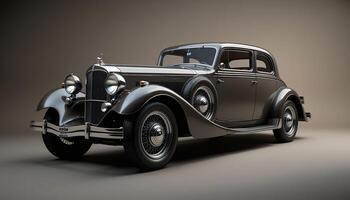 Studio shot showcasing a vintage dark gray car with chrome accents and wire wheels photo