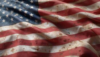 Worn and Weathered American Flag with Soil Stains and Ruffled Fabric Texture photo