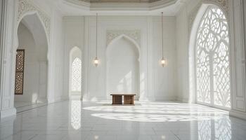 Elegant interior with white marble walls, arched windows, and a central wooden table photo