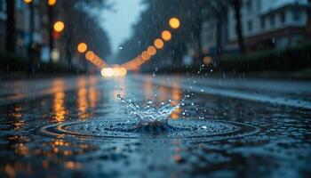Raindrops falling onto wet street creating a splash with city lights blurred in the distance photo