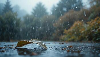 A solitary leaf rests on a wet ground, showcasing the melancholy of rainfall and autumnal beauty photo