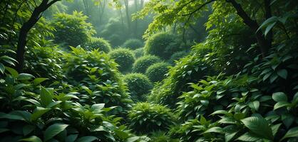 Lush green foliage and round bushes create a dense serene forest scene photo