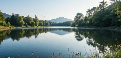 Tranquil lake surrounded by trees reflecting a mountain under a clear sky photo