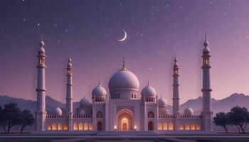 Majestic white mosque with multiple domes and minarets under a starry night sky with a crescent moon photo
