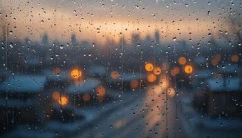Rainy window view of a city with blurred orange lights at sunset background photo
