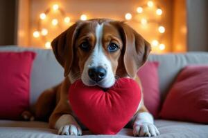 Adorable Beagle Puppy Holding Red Heart Plush Toy on Cozy Sofa photo