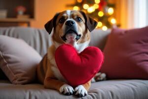 Adorable Dog Holding Red Heart Plush Toy on Cozy Sofa near Christmas Tree photo