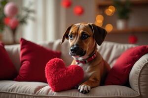 Adorable Puppy with Red Heart on Valentine s Day Sofa photo