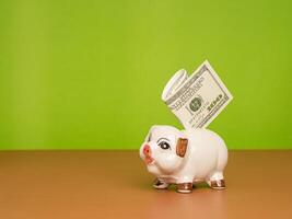 Lovely piggy bank with a US dollar banknote on a brown background photo