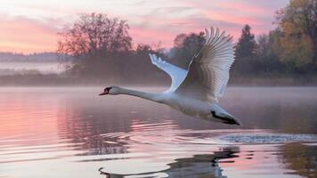 Elegant swan gracefully flying over a tranquil lake during a vibrant sunset. Nature scene concept photo