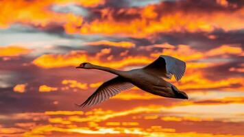 Swan in flight against a breathtaking golden sunset sky adorned with dramatic clouds. Majestic nature scene concept photo
