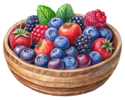 Sweet and fresh assorted berries in a wooden bowl png