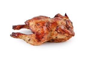 Grilled chicken delicious ready to eat served on a aluminium foil isolated on white background with clipping path, whole chicken. photo