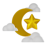 3D render, Crescent Moon and Star with Cloud, Icon Illustration png