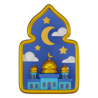 3D render, Ramadan Window Overlooking Moon with Star and Serene Mosque, Icon Illustration png