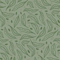 hand drawn doodle dry leaf seamless pattern outline on flat green background vector