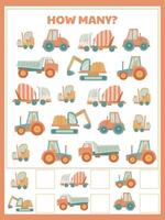 tasks for preschoolers on counting and attentiveness with construction vehicles vector
