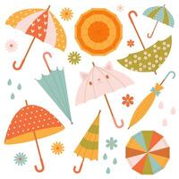 a set of bright spring umbrellas on a white background with flowers vector