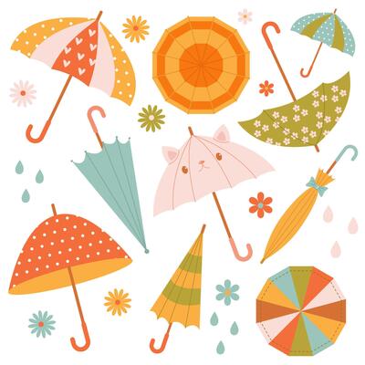 a set of bright spring umbrellas on a white background with flowers
