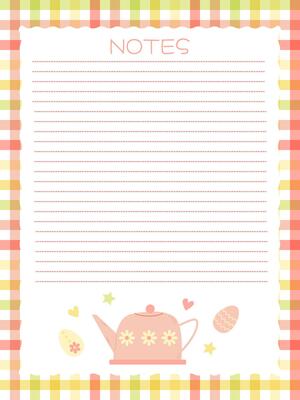 notebook page template with cute pink teapot and Easter eggs on a checkered background