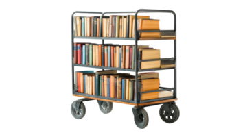 A small book cart with shelves filled with a diverse collection of books ideal for cozy reading corners and library settings.. png