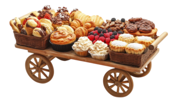 A Small Cart Loaded with an Assortment of Fresh Baked Pastries Ideal for Bakery Promotions and Food Events Displaying Tempting Treats. png