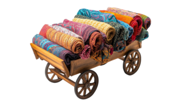 A Small Wooden Cart Filled with Colorful Handcrafted Items Perfect for Display in Art Galleries or Home Decor Ventures. png