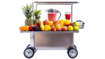 Vibrant and Busy Smoothie Cart Featuring a Blender Surrounded by Fresh Fruits, Perfect for Health-Conscious Events and Refreshing Summer Days. png