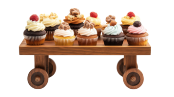 A Charming Wooden Cart Displaying a Variety of Colorful Cupcakes and Pastries Perfect for Events and Celebrations. png