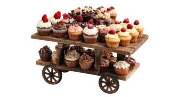 Charming Small Wooden Cart Displaying an Assortment of Colorful Cupcakes and Delectable Pastries Perfect for Events and Celebrations. png