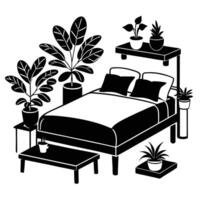 Black and white illustration of a bedroom with plants vector