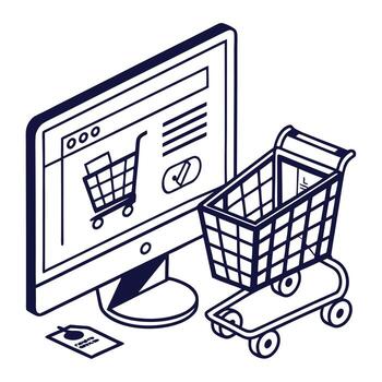Shopping cart on computer monitor with shopping list and credit card vector