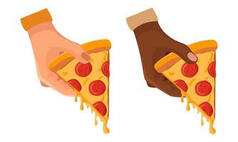 Slice of pizza in hands on white background. White and dark skinned hands holding a slice of pepperoni pizza with cheese dripping illustration vector