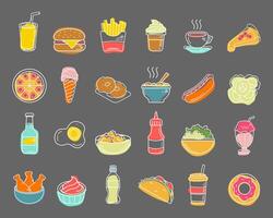 Set of flat linear color fast food icons. illustration. Thin icons for restaurant menu. Isolated vector